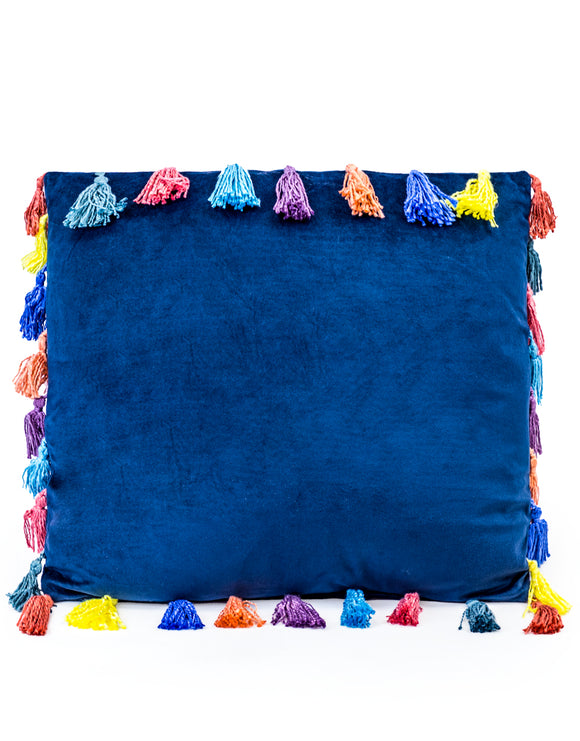 Blue Large Square Velvet Cushion With Multi-coloured Tassels 50 cm Sq