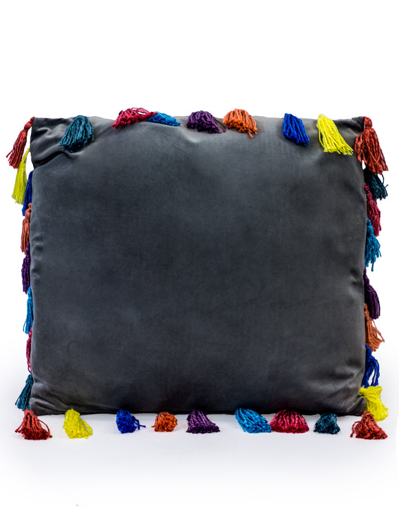 Slate Grey Large Square Velvet Cushion With Multi-coloured Tassels 50 cm Sq
