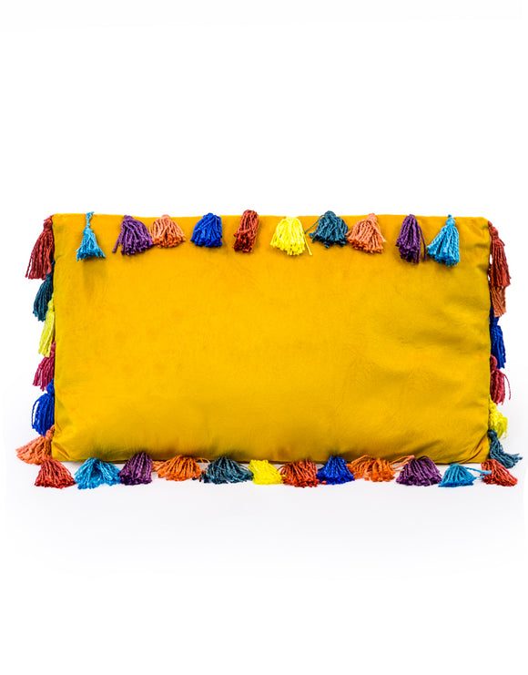 Yellow Rectangular Velvet Cushion With Multi-Coloured Tassels 35 x 60 cm