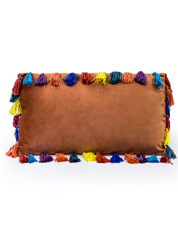 Terracotta Rectangular Velvet Cushion With Multi-Coloured Tassels 35 x 60 cm