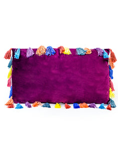 Aubergine Purple Rectangular Velvet Cushion With Multi-Coloured Tassels 35 x 60 cm