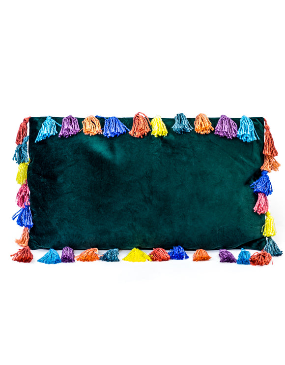 Fern Green Rectangular Velvet Cushion With Multi-Coloured Tassels 35 x 60 cm