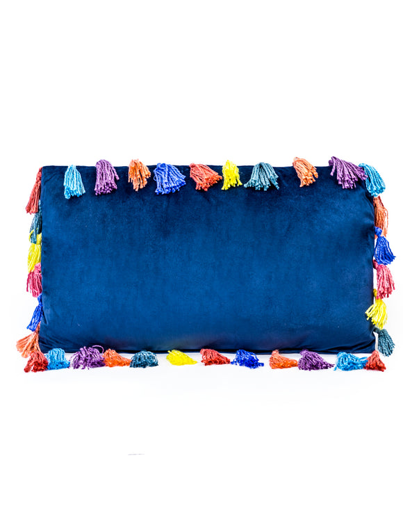 Blue Rectangular Velvet Cushion With Multi-Coloured Tassels 35 x 60 cm