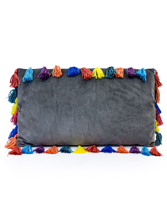 Slate Grey Rectangular Velvet Cushion With Multi-Coloured Tassels 35 x 60 cm