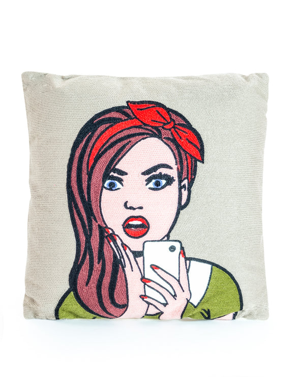 Selfie Pop Art Style Embroidered Cushion 40 cm Square