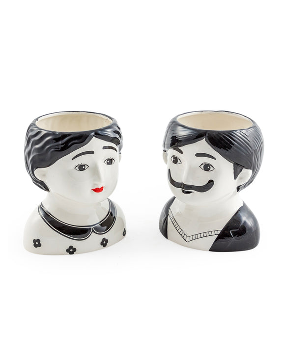 Set of 2 Man & Woman Ceramic Plant Pots / Vases