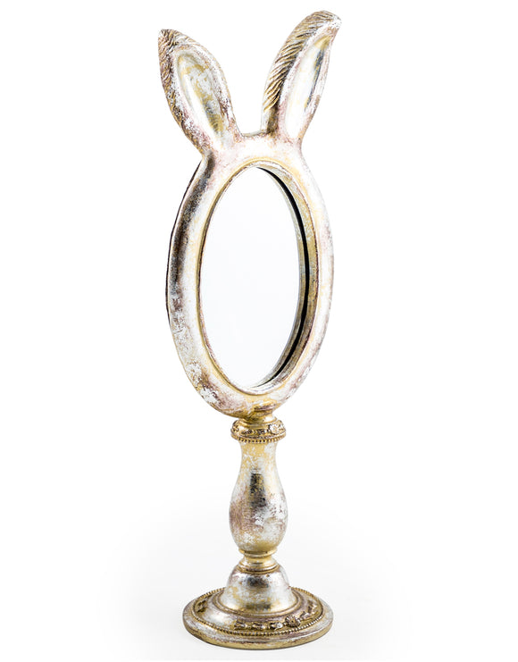 Antiqued Silver Bunny Rabbit Ears Oval Vanity Table Mirror 40.5 cm High