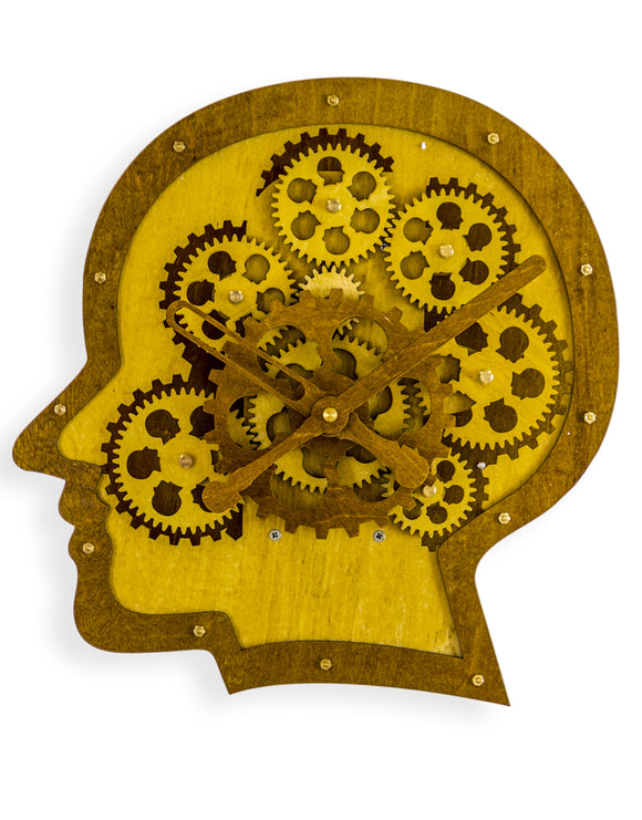 Wooden Head Creative Brain Moving Gears Clock