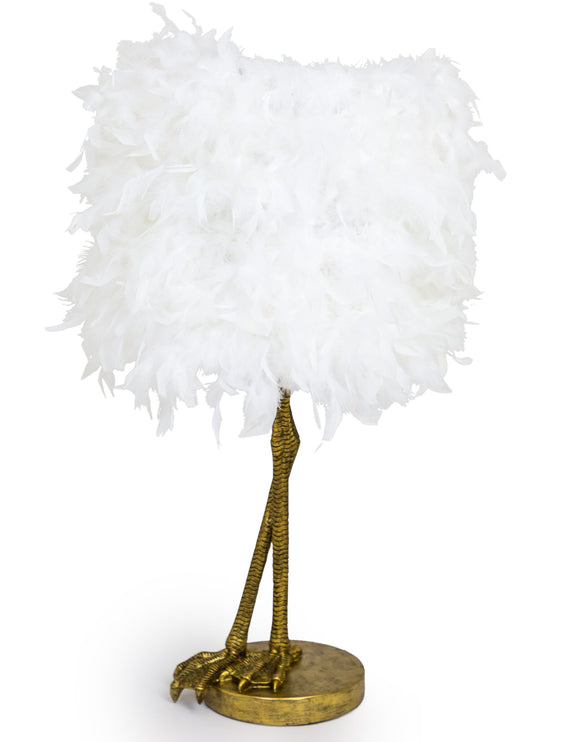 Large Antiqued Gold Bird Leg Leggy Table Lamp White Feather Shade 79 cm High
