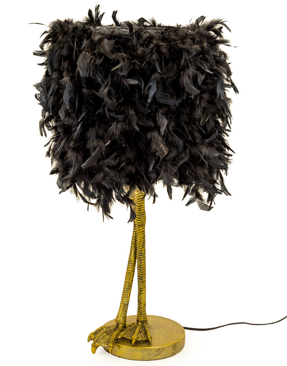 Large Antiqued Gold Bird Leg Leggy Table Lamp Black Feather Shade 79 cm High