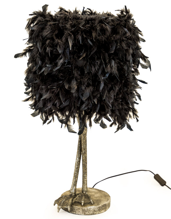 Large Antiqued Silver Bird Leg Leggy Table Lamp Black Feather Shade 79 cm High