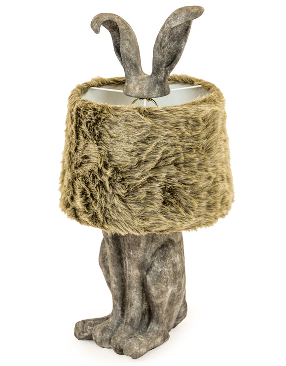 Large Antiqued Grey Rabbit Hare Ears Lamp With Fur Shade 77 cm High