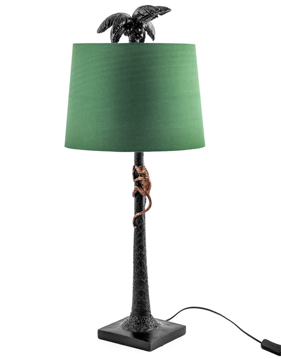 Tall Black Palm Tree With Gold Climbing Monkey Table Lamp Green Shade 84 cm High