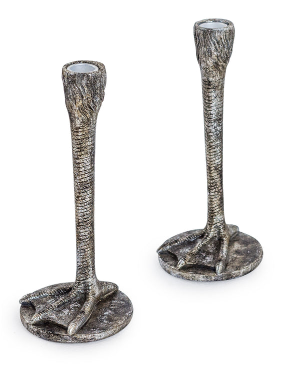 Pair of Antiqued Silver Bird Leg Candlesticks Candle Sticks Duck Feet 25.5 cm High