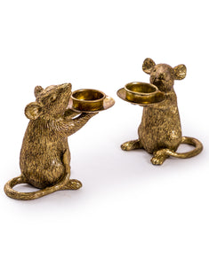 Large Pair of Gold Mouse Mice Tea Light Holders 15 cm High
