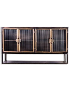 Black and Distressed Gold Wide Metal Wall Cabinet With Ribbed Glass Doors - Due April 2021