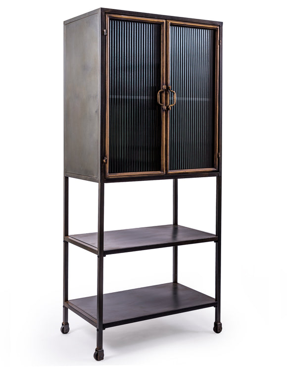 Black and Distressed Gold Tall Metal Freestanding Cabinet With Ribbed Glass Doors - Due April 2021