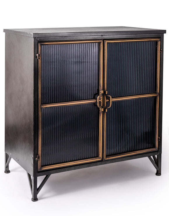 Black & Distressed Gold Tall Metal Square Freestanding Cabinet with Ribbed Glass Doors - Due late May