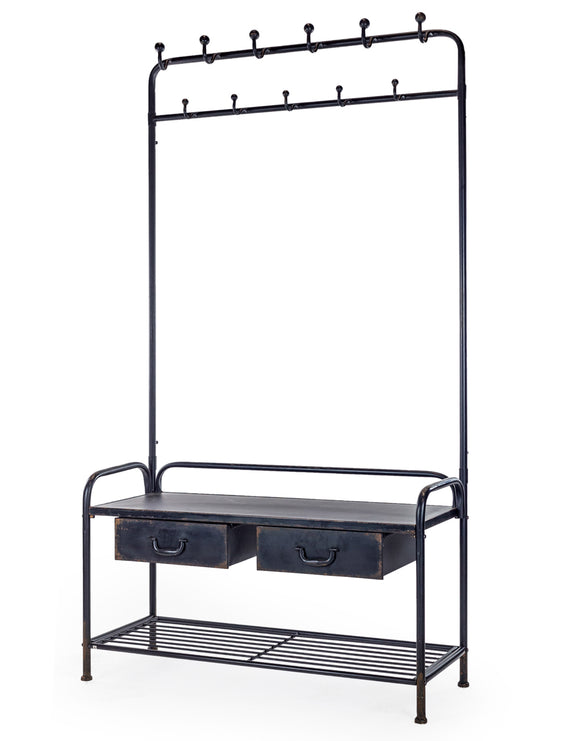 Industrial Style Distressed Black Iron Metal Coat Rack Bench Shelf Unit 186 cm High - Due May