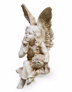 Shabby Chic Antique White Sitting Fairy / Angel Blowing a Kiss Figure