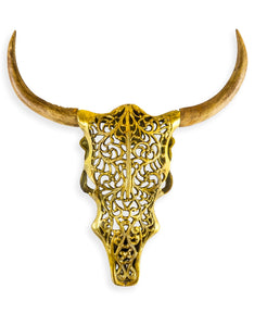 Antiqued Gold Aluminium & Wood Bison Skull Wall Hanging Tribal Style