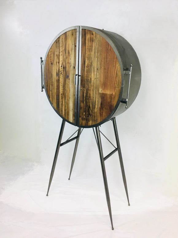 Round Metal Bar Unit With Reclaimed Wood Doors