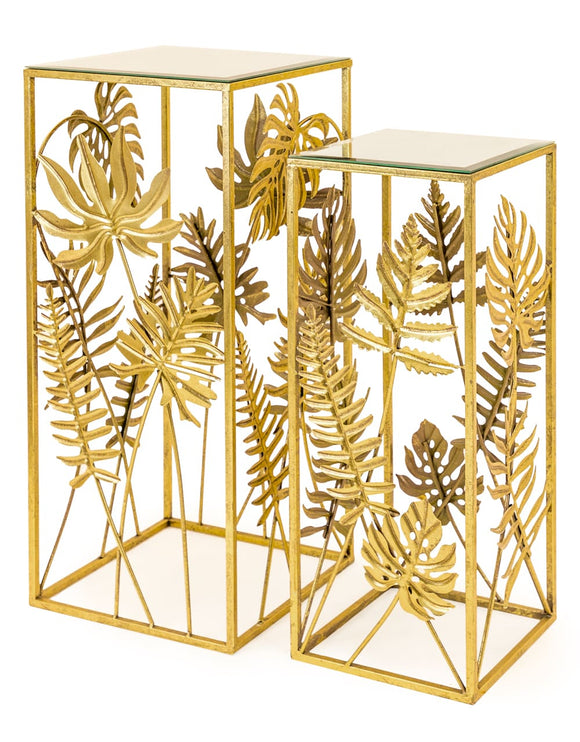 Set of two Square Side Tables / Plant Stands Tropical Gold Leaf Metal With Mirror Tops