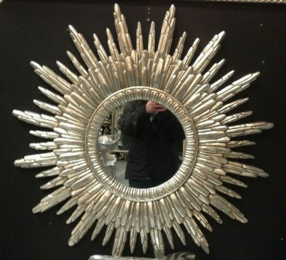 Beautiful Vintage Style Antiqued Silver Framed Sunburst Mirror 89 cm Diameter