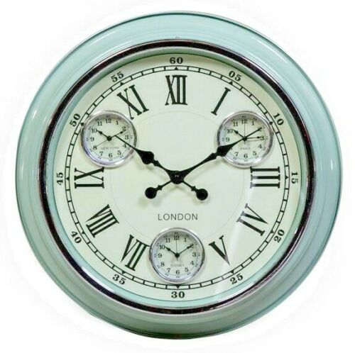 Large Multi Dial Time Zone Wall Clock - Vintage Blue with White Face 50cm Diameter NEW