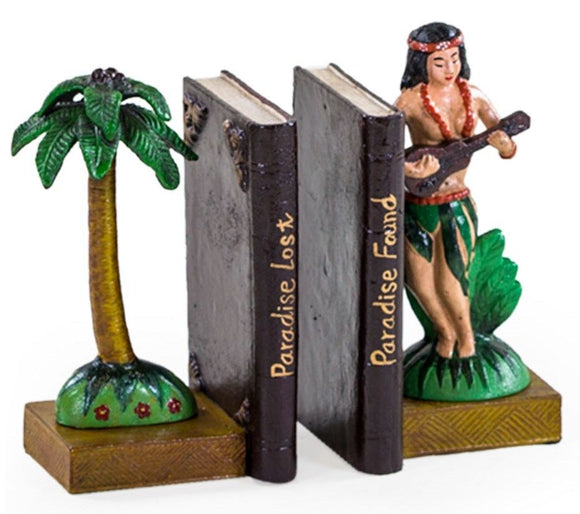 Cast Iron Antiqued Palm Tree Paradise Hula Girl Pair of Bookends 23 x 12 x 12cm