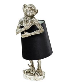 Antiqued Silver Bashful Monkey Table Lamp with Black Velvet Shade 55.5 cm High